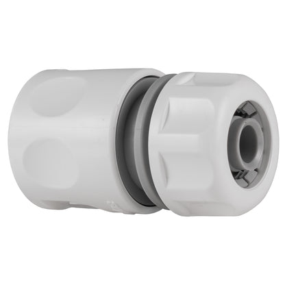 IBC hose connector, side view: white housing with grey ring and outlet opening