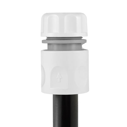 Garden hose plug connector with upward arrow marking, white and grey parts