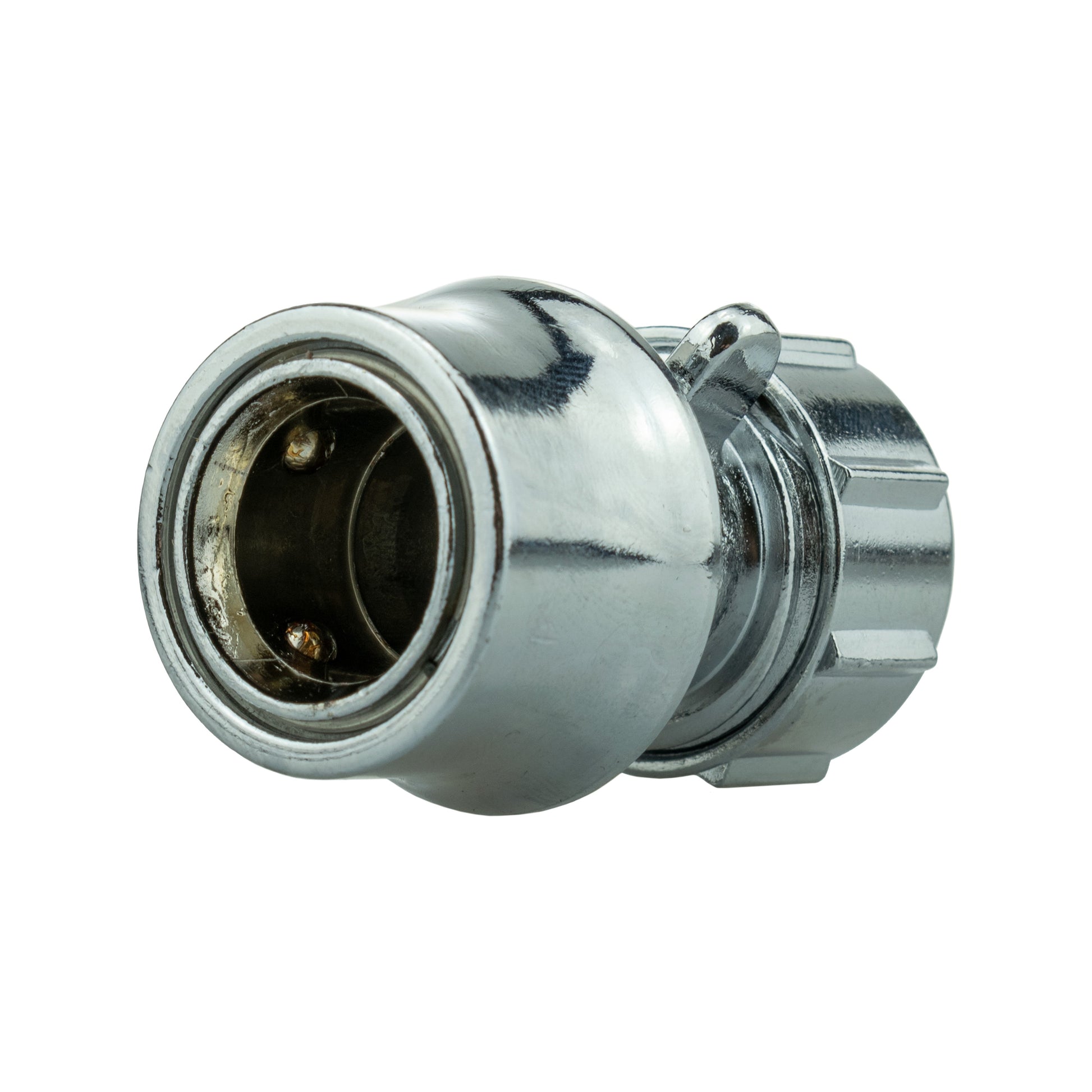 Chrome IBC tank connection fitting with front coupling end and visible internal bore