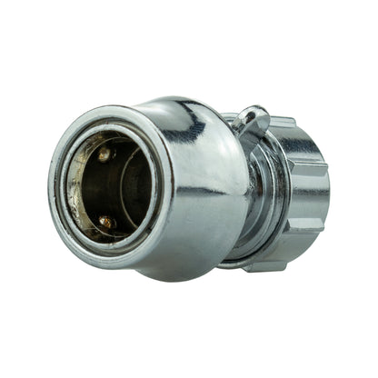 Chrome IBC tank connection fitting with front coupling end and visible internal bore