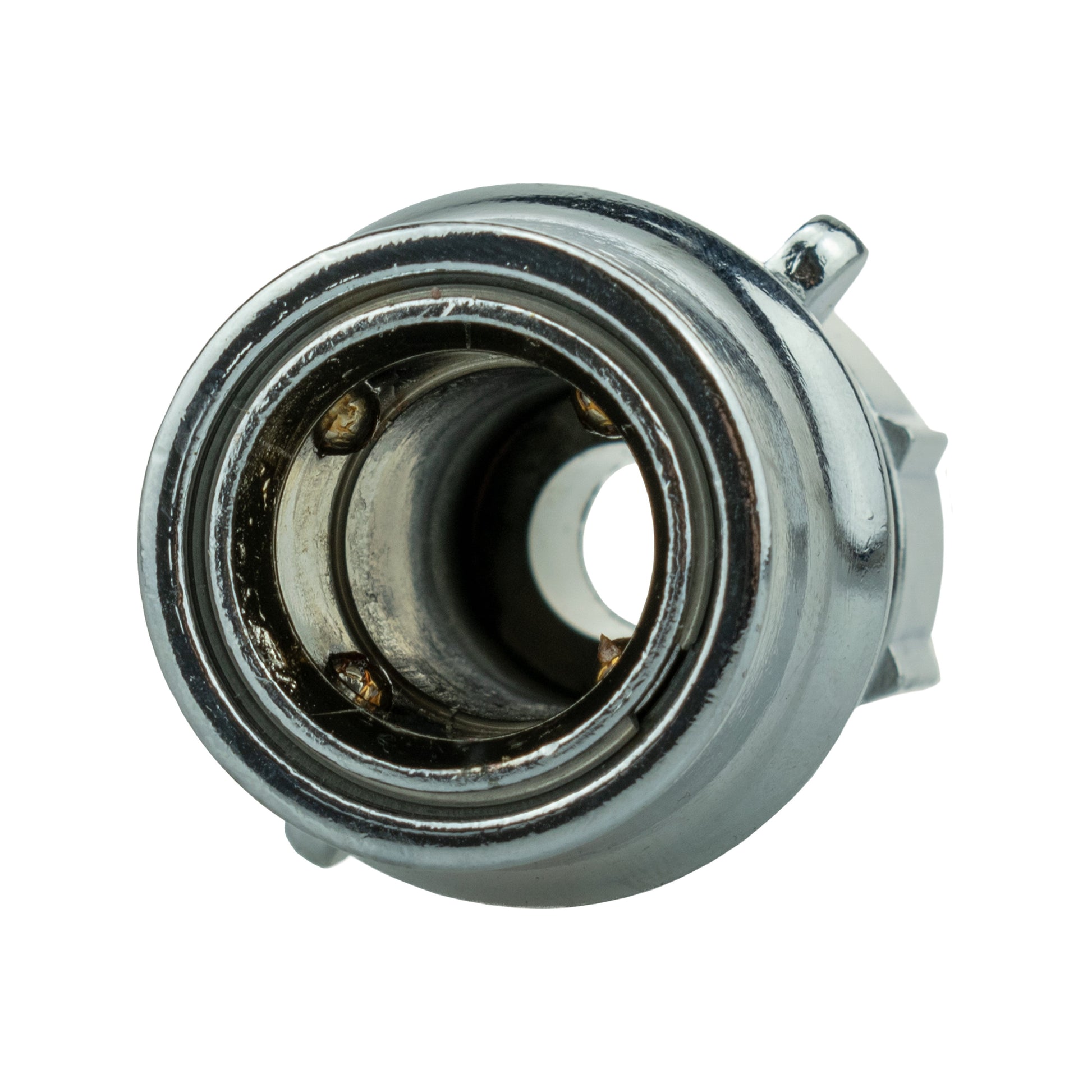 Chrome IBC tank connection kit fitting, close-up of circular opening and internal threads