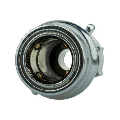 Chrome IBC tank connection kit fitting, close-up of circular opening and internal threads