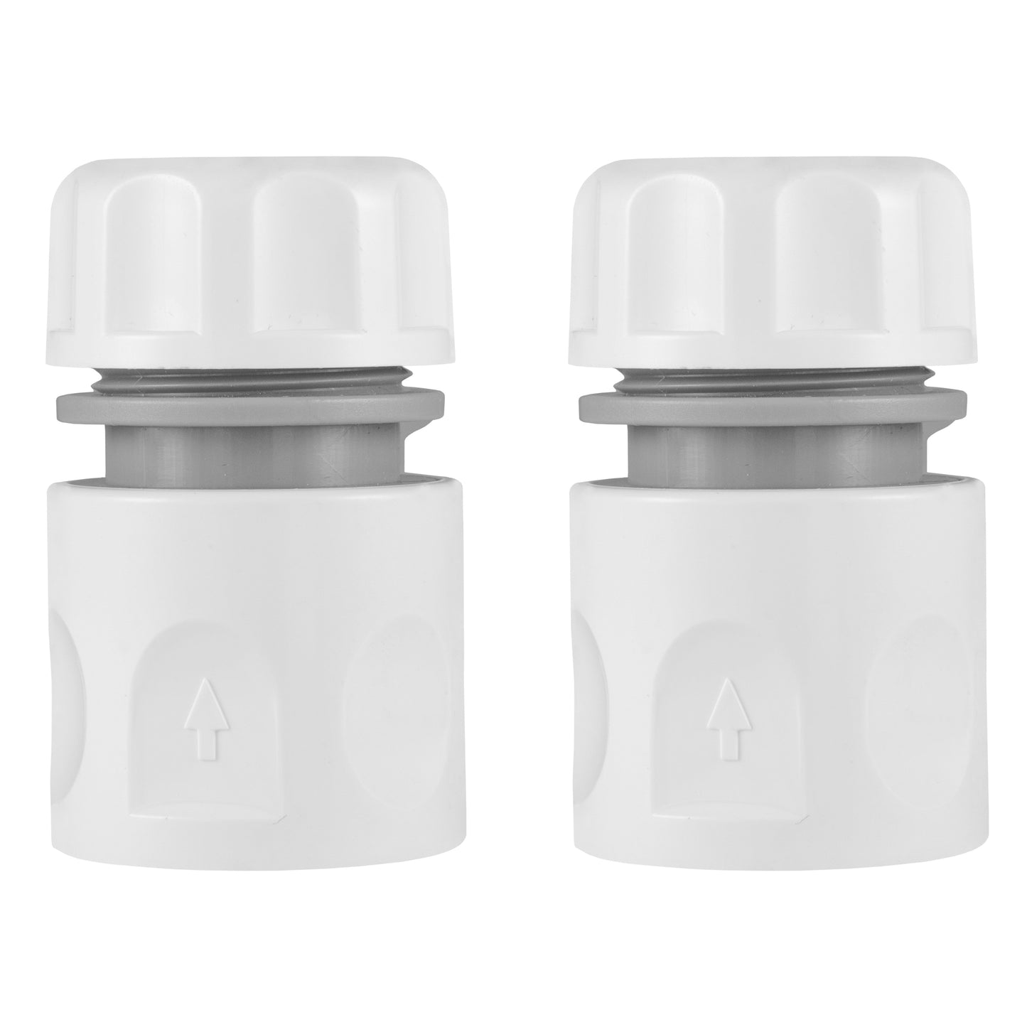 White garden hose connectors with gray center sleeves, set of two