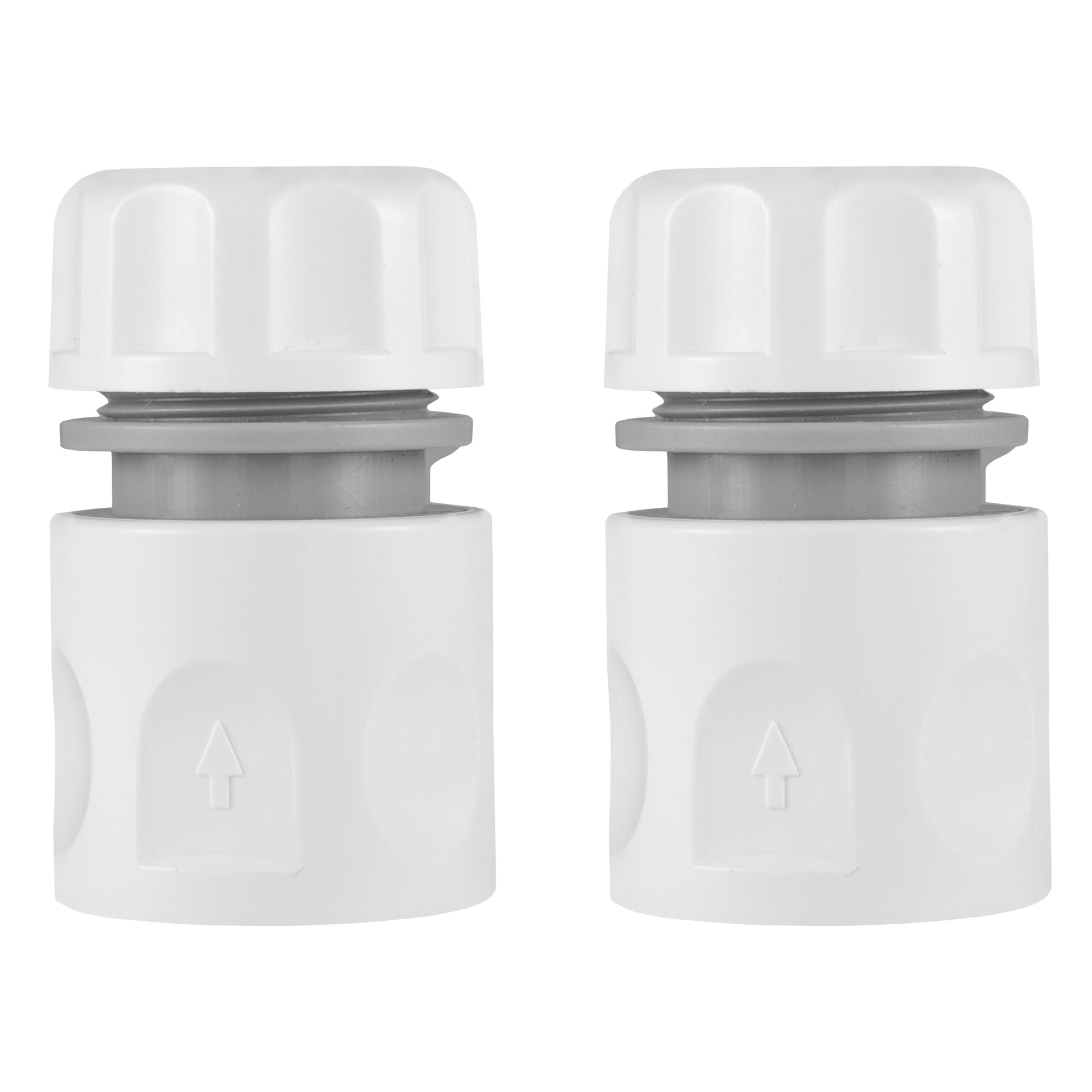 White garden hose connectors with gray center sleeves, set of two