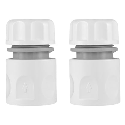 White garden hose connectors with gray center sleeves, set of two