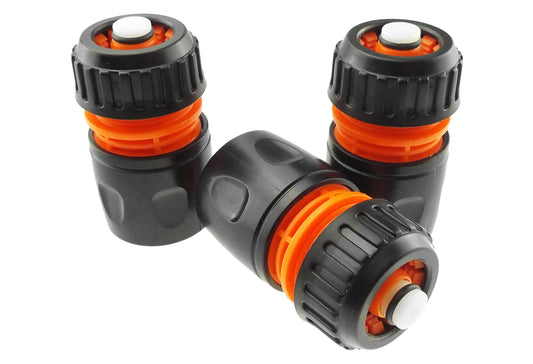 Black and orange female hose connector with stop, dual-connector view