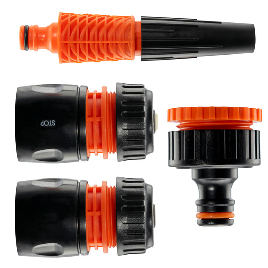 Hose connector nozzle, black-and-orange with ribbed grip and locking collar
