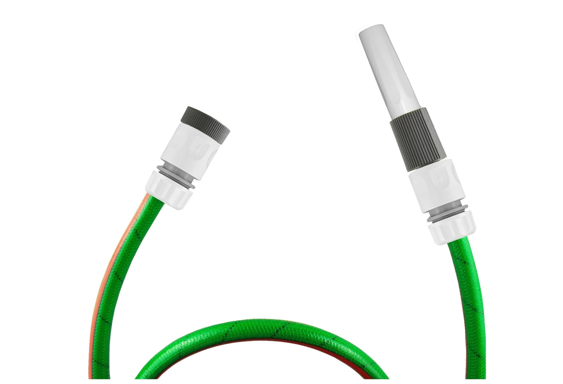 Hose connectors with nozzle ends attached to green garden hoses, white connector bodies