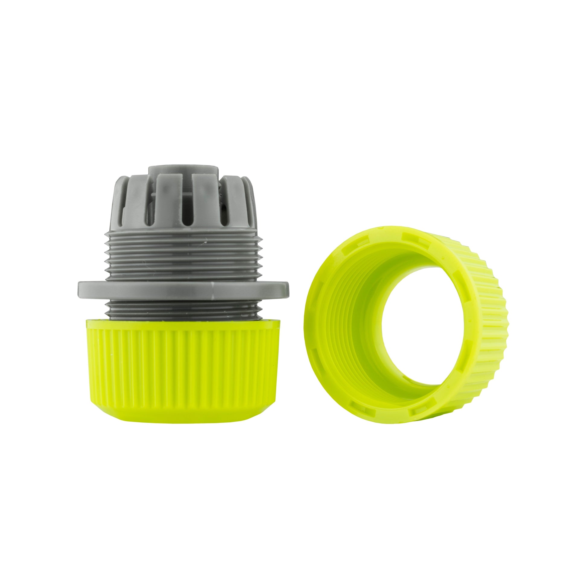 Hose Mender 1/2" Lime parts view: gray threaded piece and lime end ring