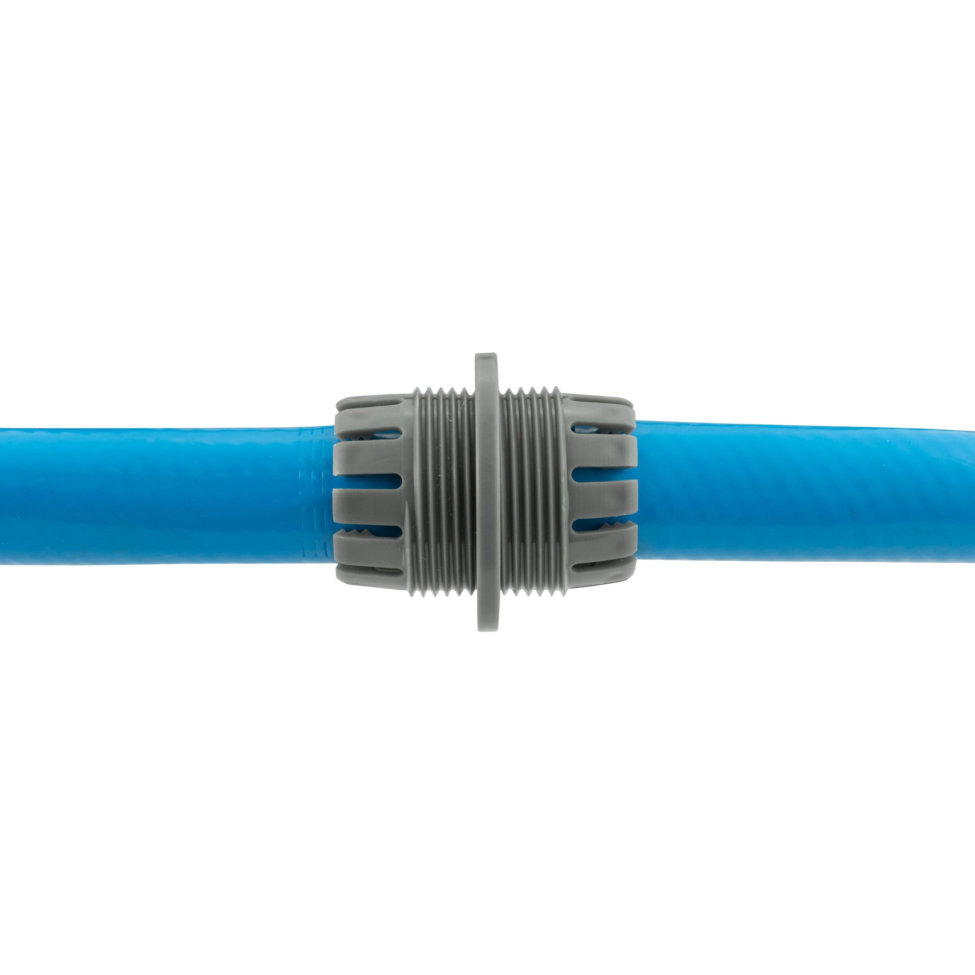 Hose Mender 1/2" Lime mounted on hose: gray body with lime ends and center joint