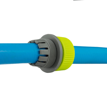 Hose Mender 1/2" Lime side connection on hose with gray clamp and lime ribbed cap