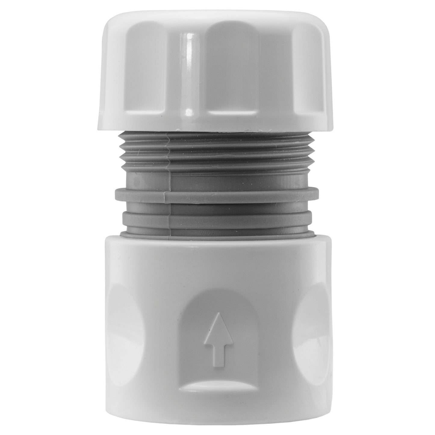 2" S60x6 connector cap with male threads, white and gray with arrow mark