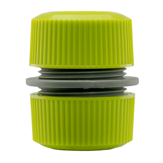 3/4-inch hose repair connector in lime yellow with ribbed grip and gray gasket ring