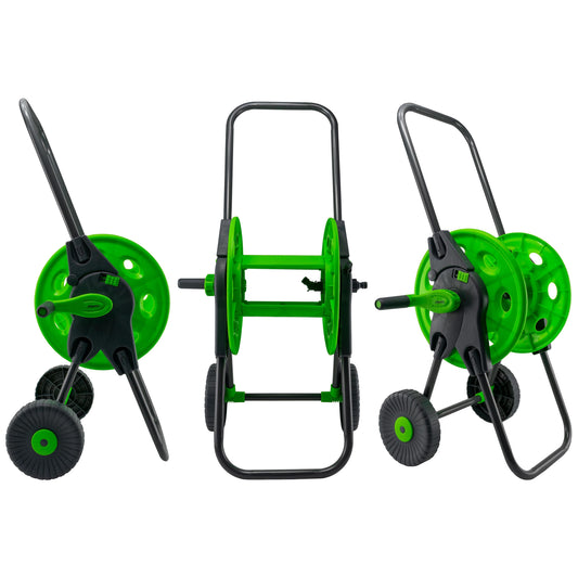 45m 1/2in garden hose cart, green reels, black frame, crank handle and wheels