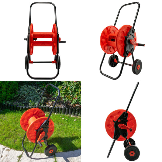 Hose cart with wheels, orange/red hose reel and black frame