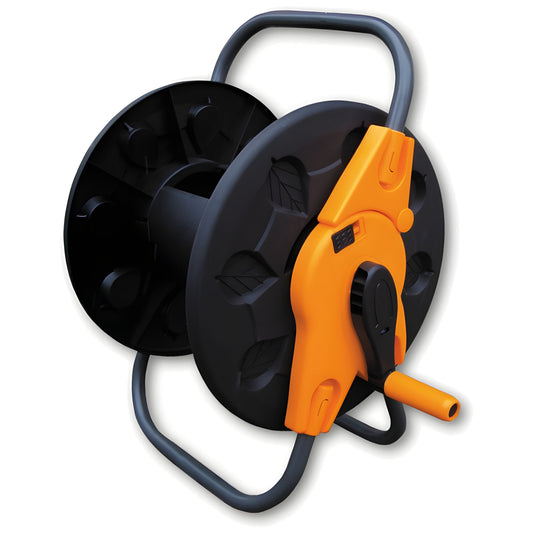 Garden hose reel cart with orange handle and black spool, 1/2 inch hose
