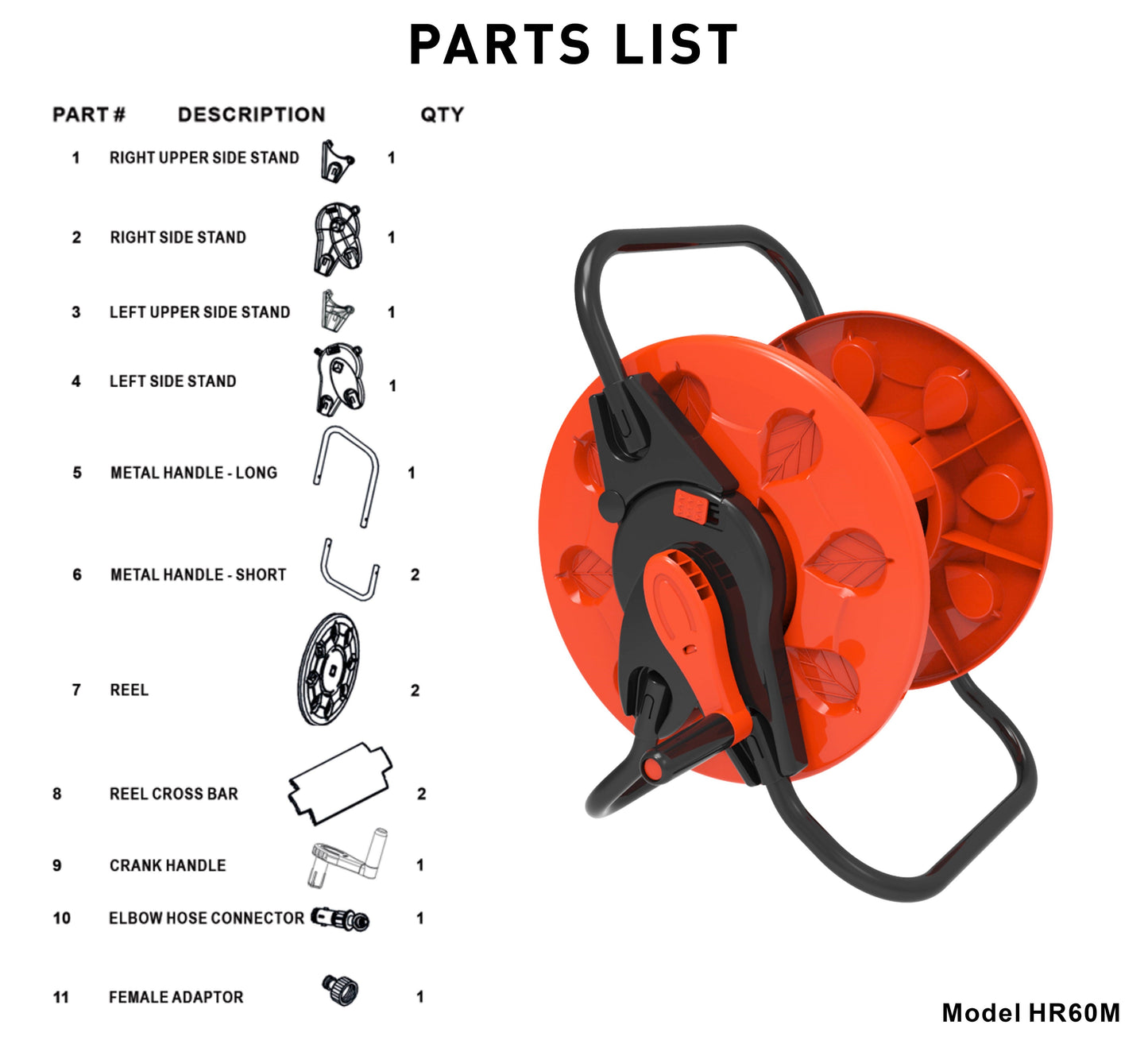 Orange hose reel assembly diagram with labeled parts layout and reel unit