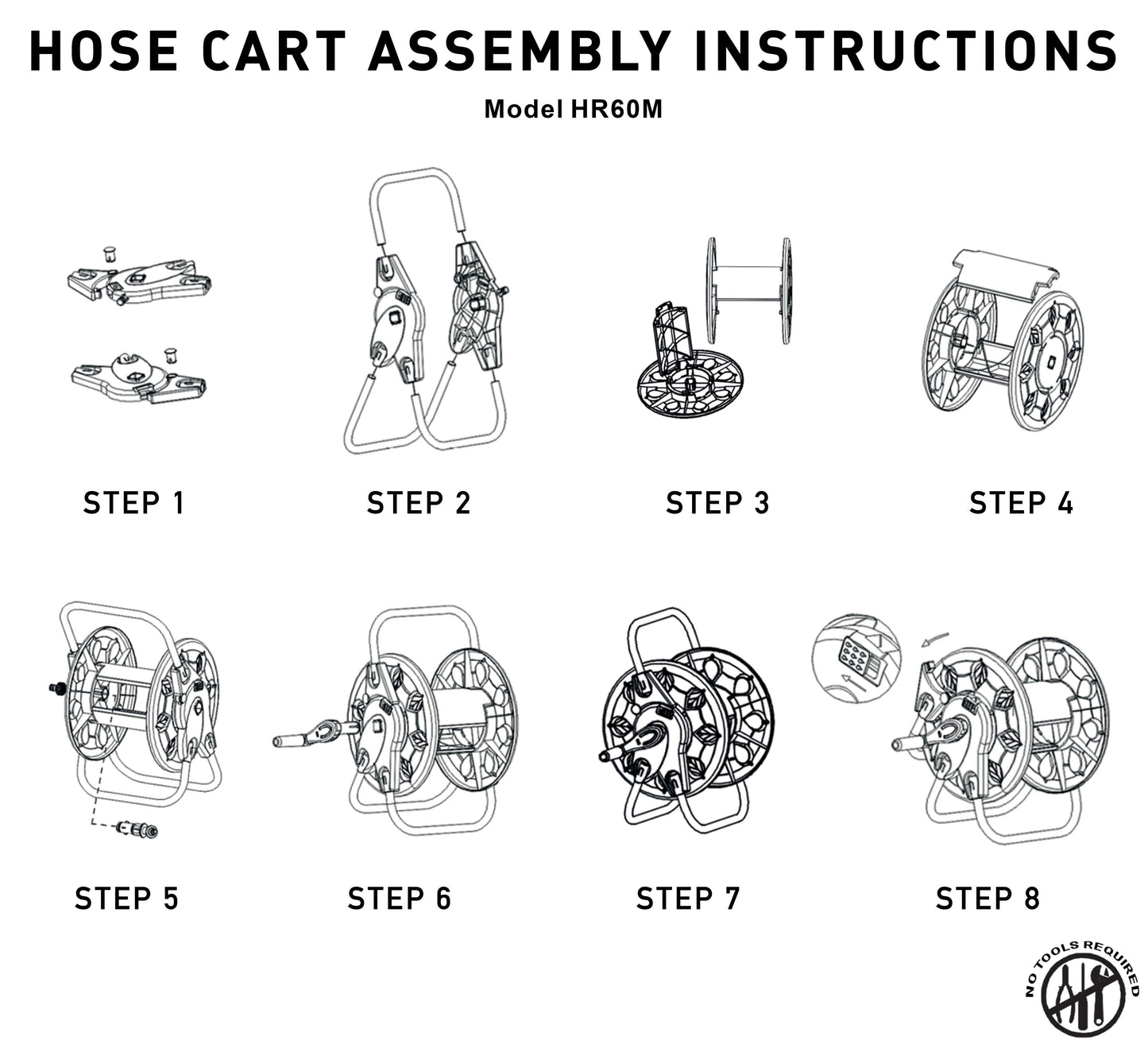 Hose cart assembly instructions diagram for Model HR60M with reel unit