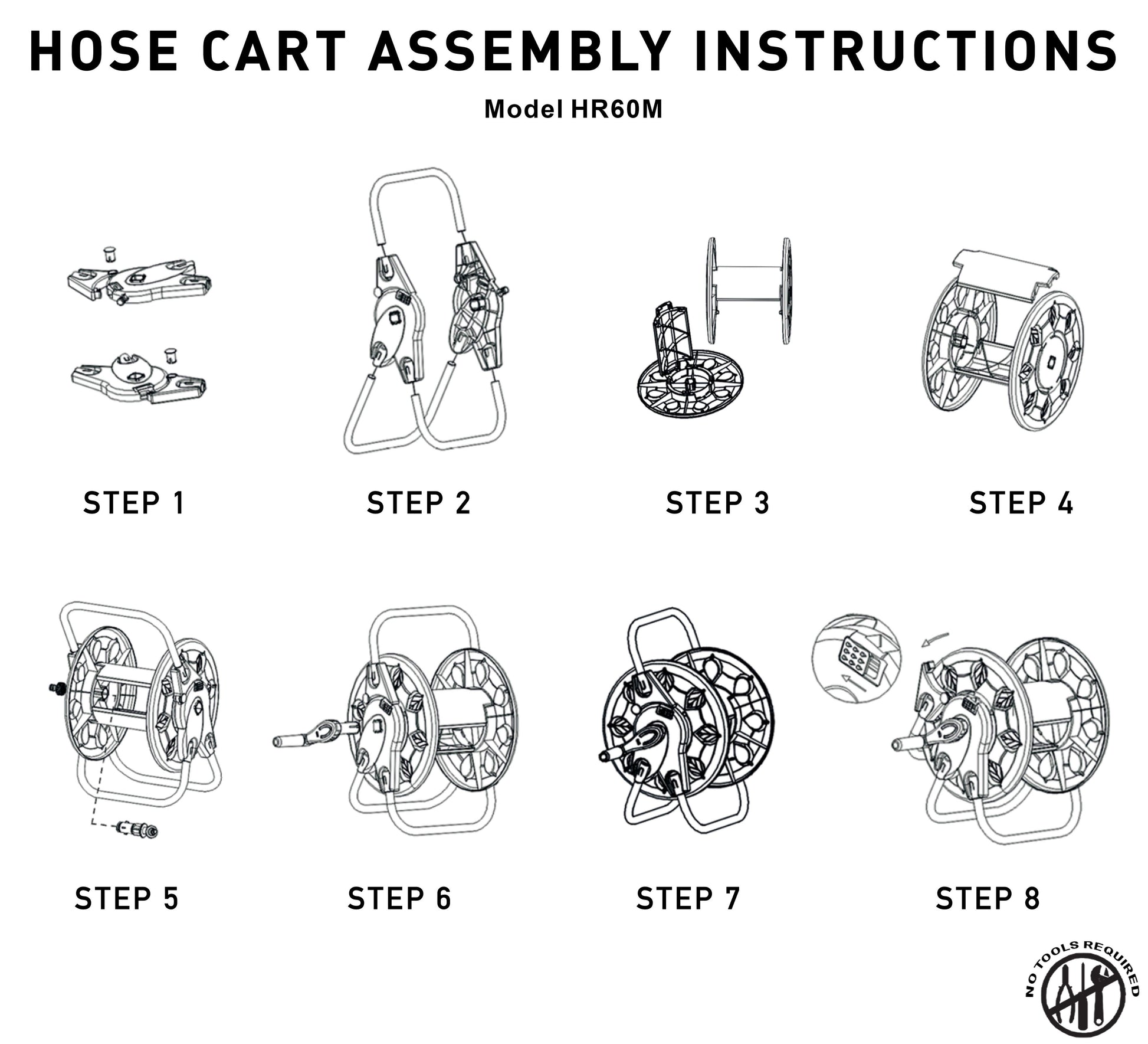 Hose cart assembly instructions diagram for Model HR60M with reel unit