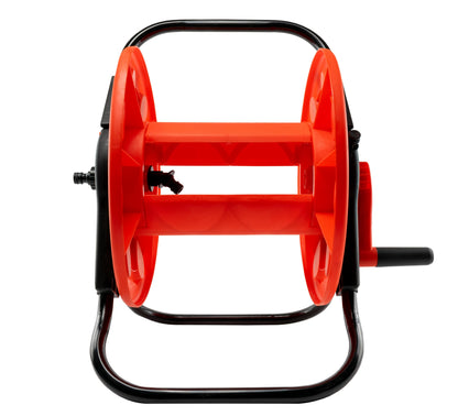 Orange hose reel drum with black base frame and side crank handle
