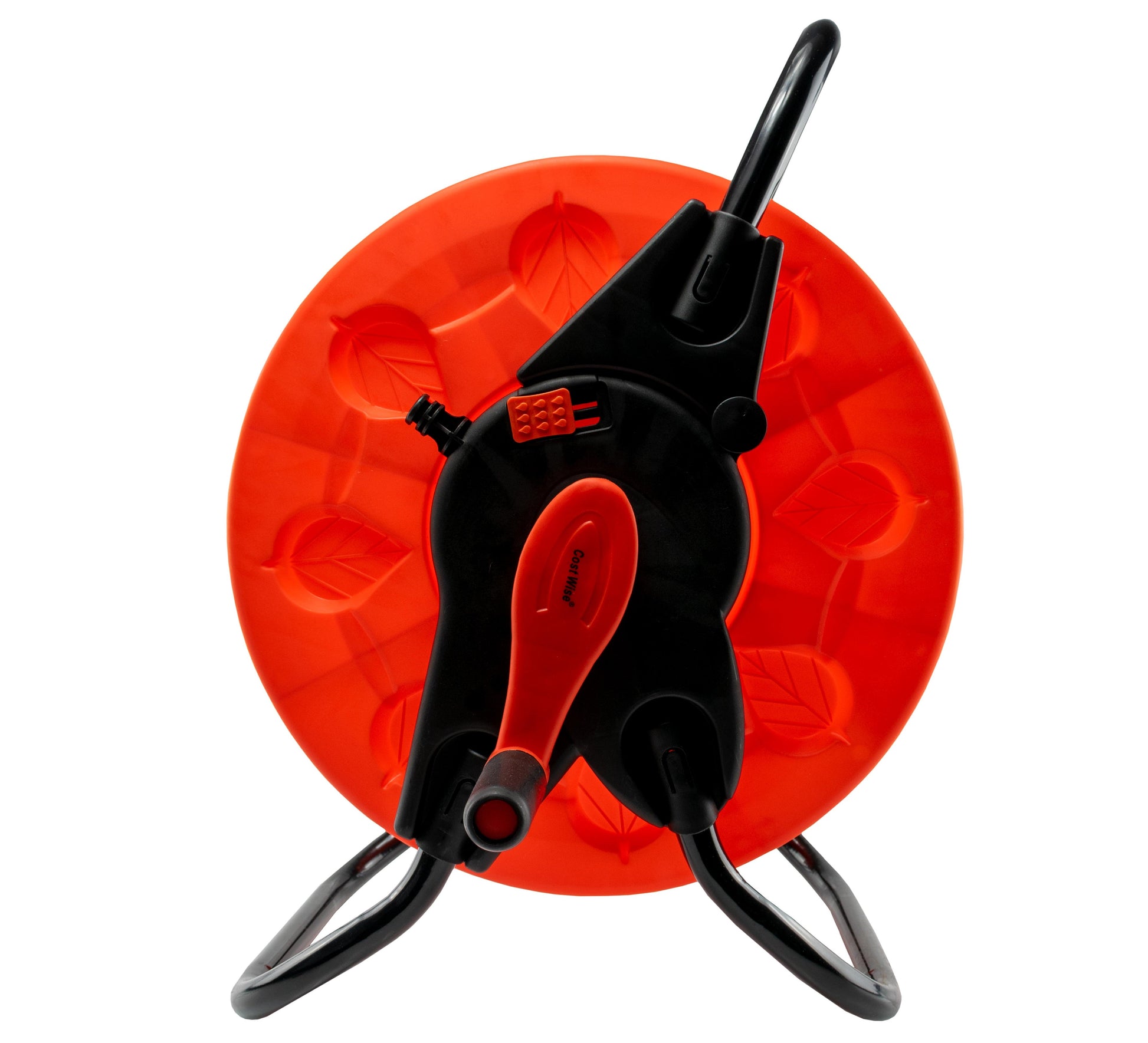 Top view hose reel: orange drum with black nozzle, handle and support legs