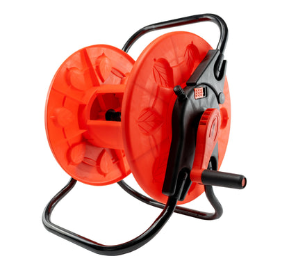 Hose reel with orange drum and black crank handle, front connector on housing
