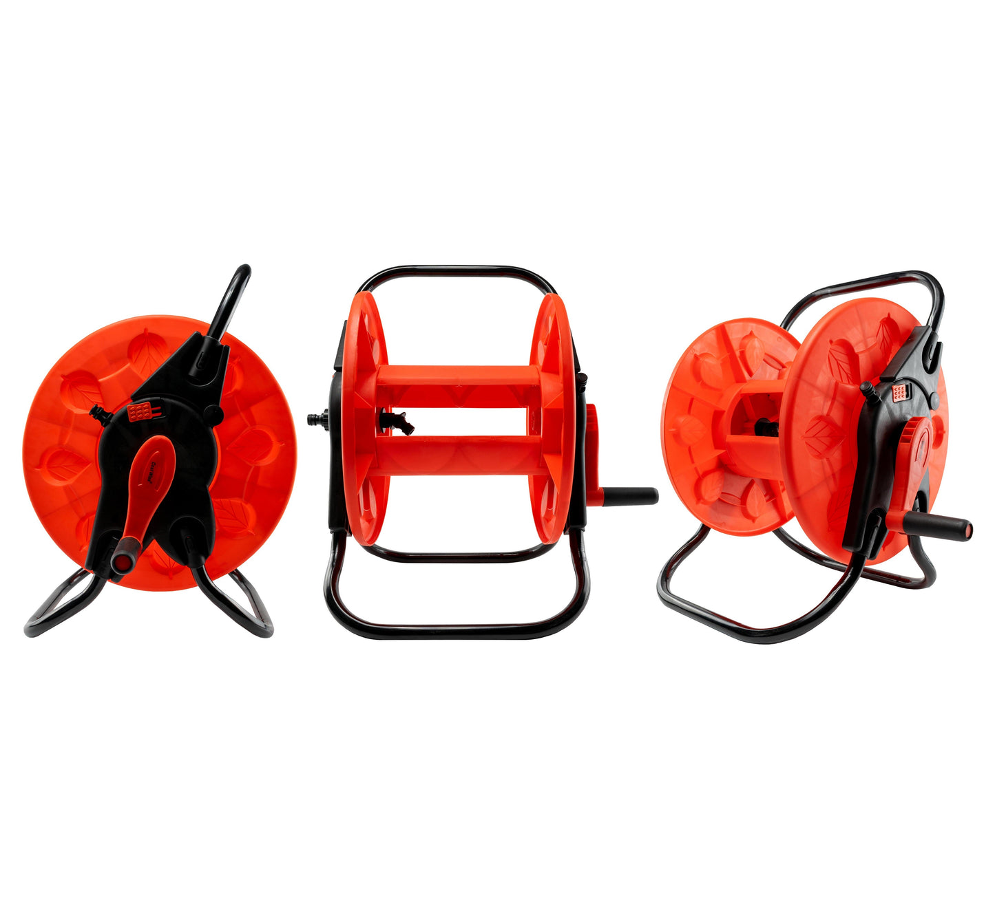 Hose reel for garden hose: orange winding drum with black stand and crank