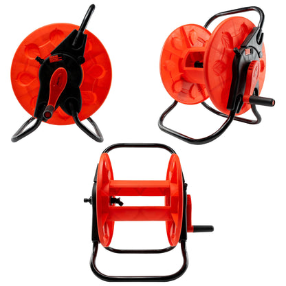 Garden hose reel, orange drum with black frame, crank handle and hose outlet