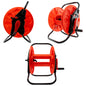 Garden hose reel, orange drum with black frame, crank handle and hose outlet