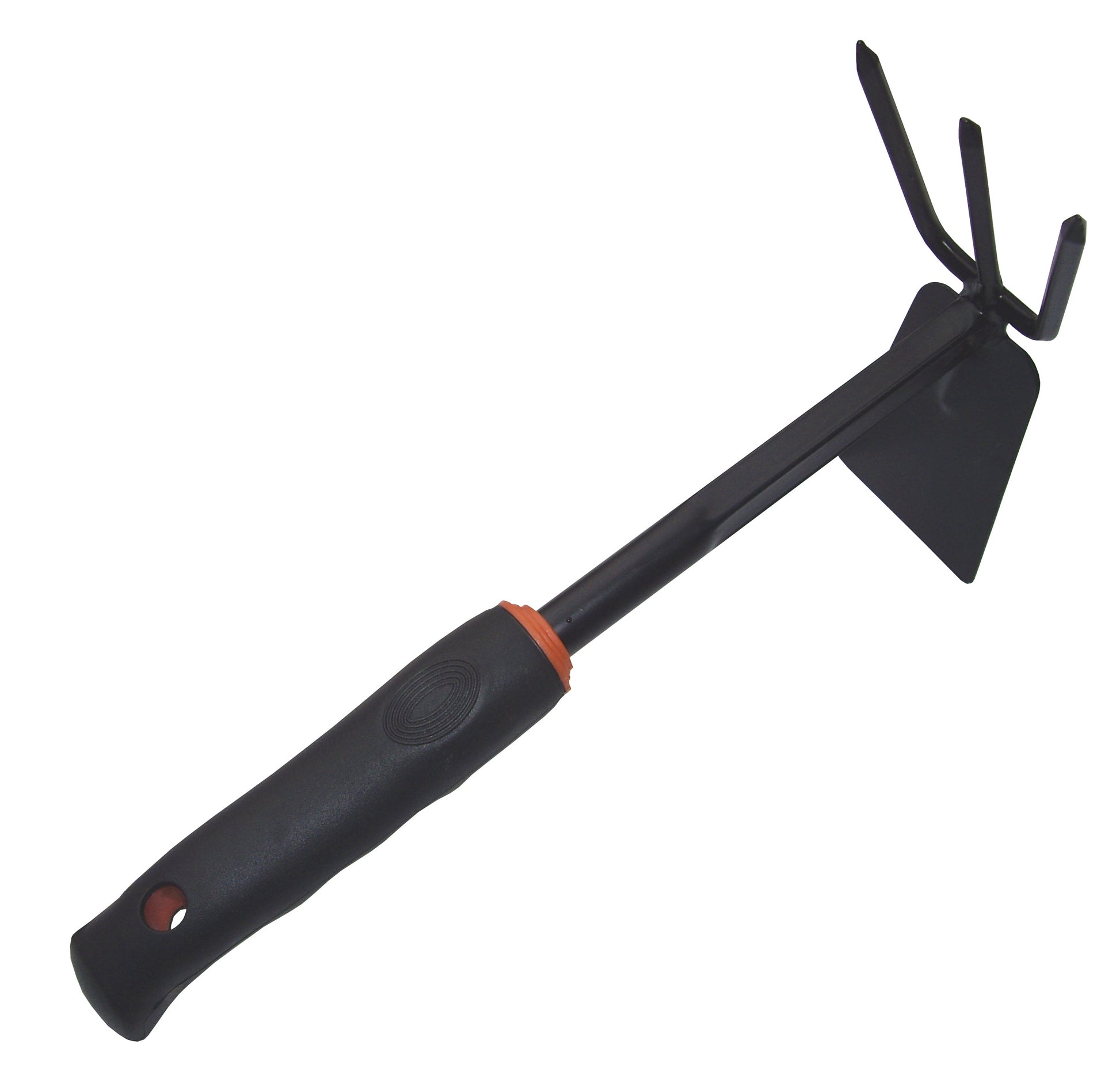 Digger & Hoe DE LUXE Gartenhacke: schwarzer Stiel, orange Ring und 3 Metallzinken