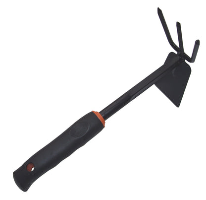 Multifunction garden digger hoe with three tines, black handle and orange wrist loop