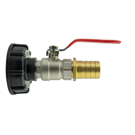 IBC cap with lever valve and 25mm brass hose barb, black fitting, red handle