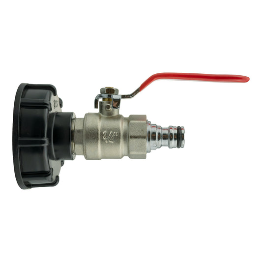 2" S60X6 IBC cap valve with red lever, zinc body, male quick connector