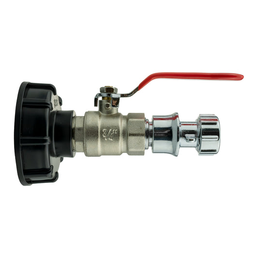IBC Cap with lever valve and hose connector; zinc housing with black outlet cap