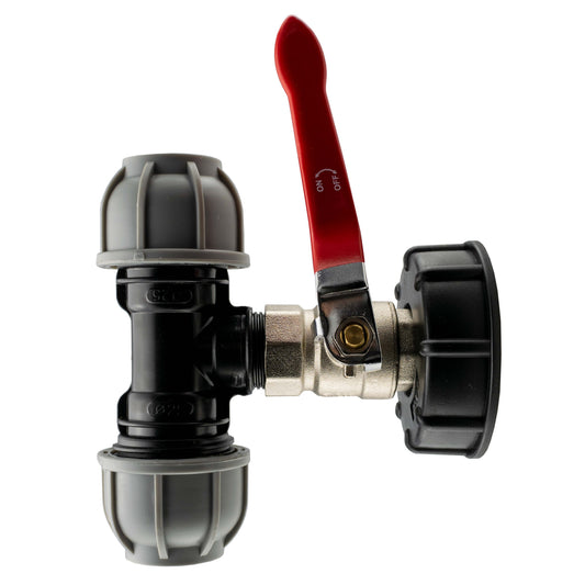 IBC 2” S60X6 cap with lever valve and 20mm MDPE tee, red handle