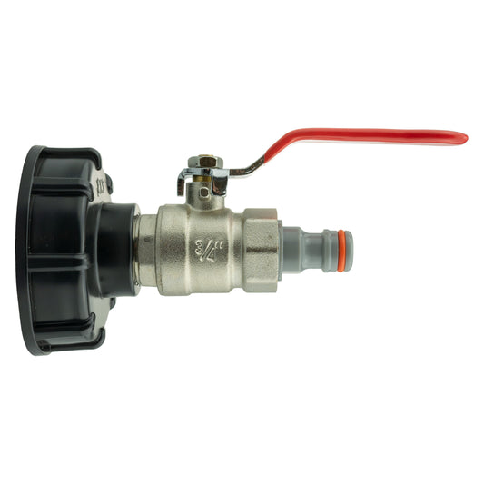 IBC cap with lever valve and male quick connector; black housing, red lever, gray outlet