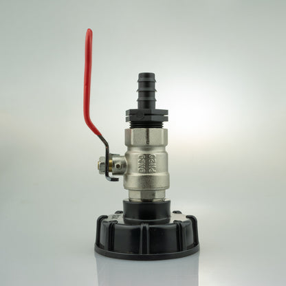 IBC lever valve assembly with red lever and threaded outlet top fitting