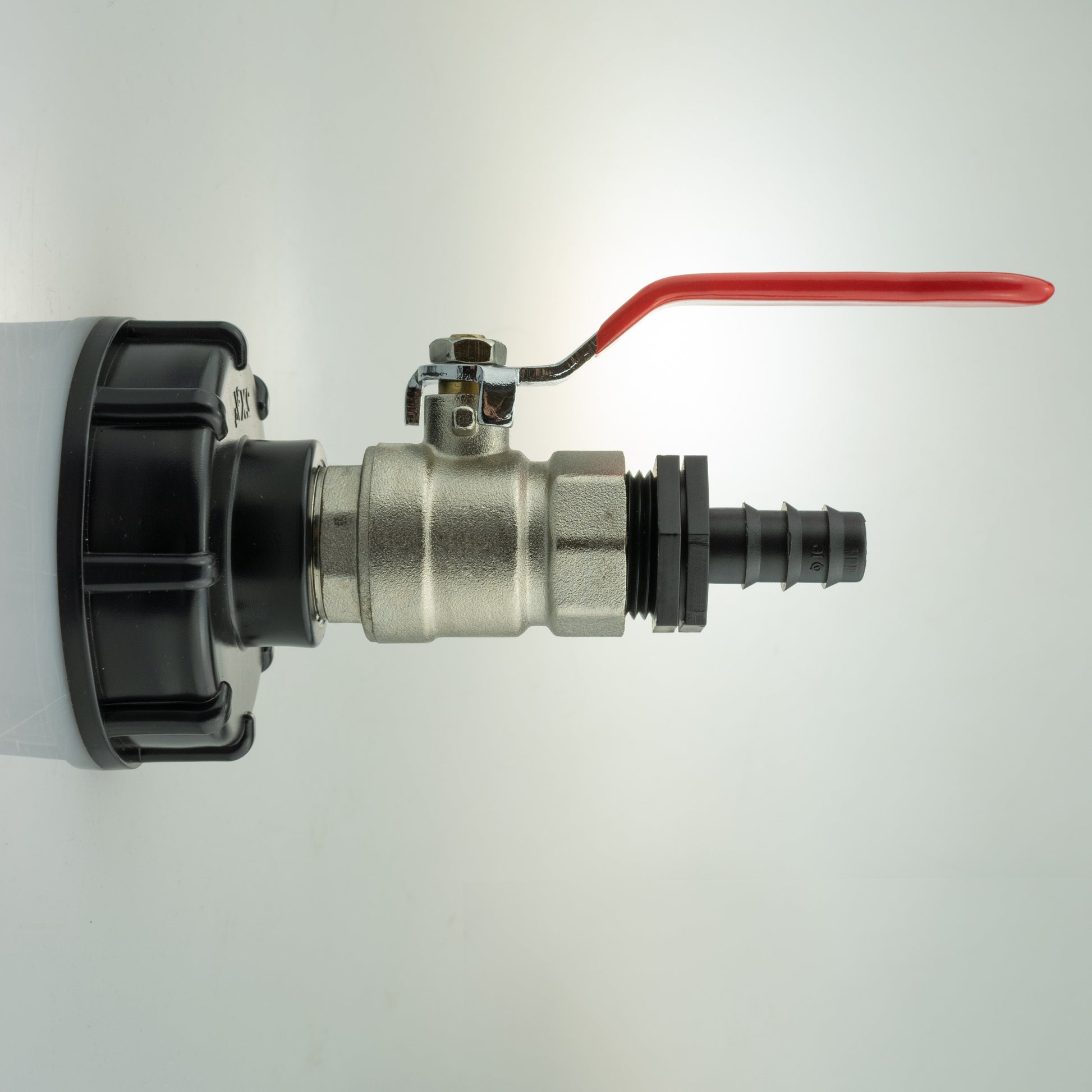 IBC 2 in S60x6 cap lever valve with red handle and barbed 16mm outlet