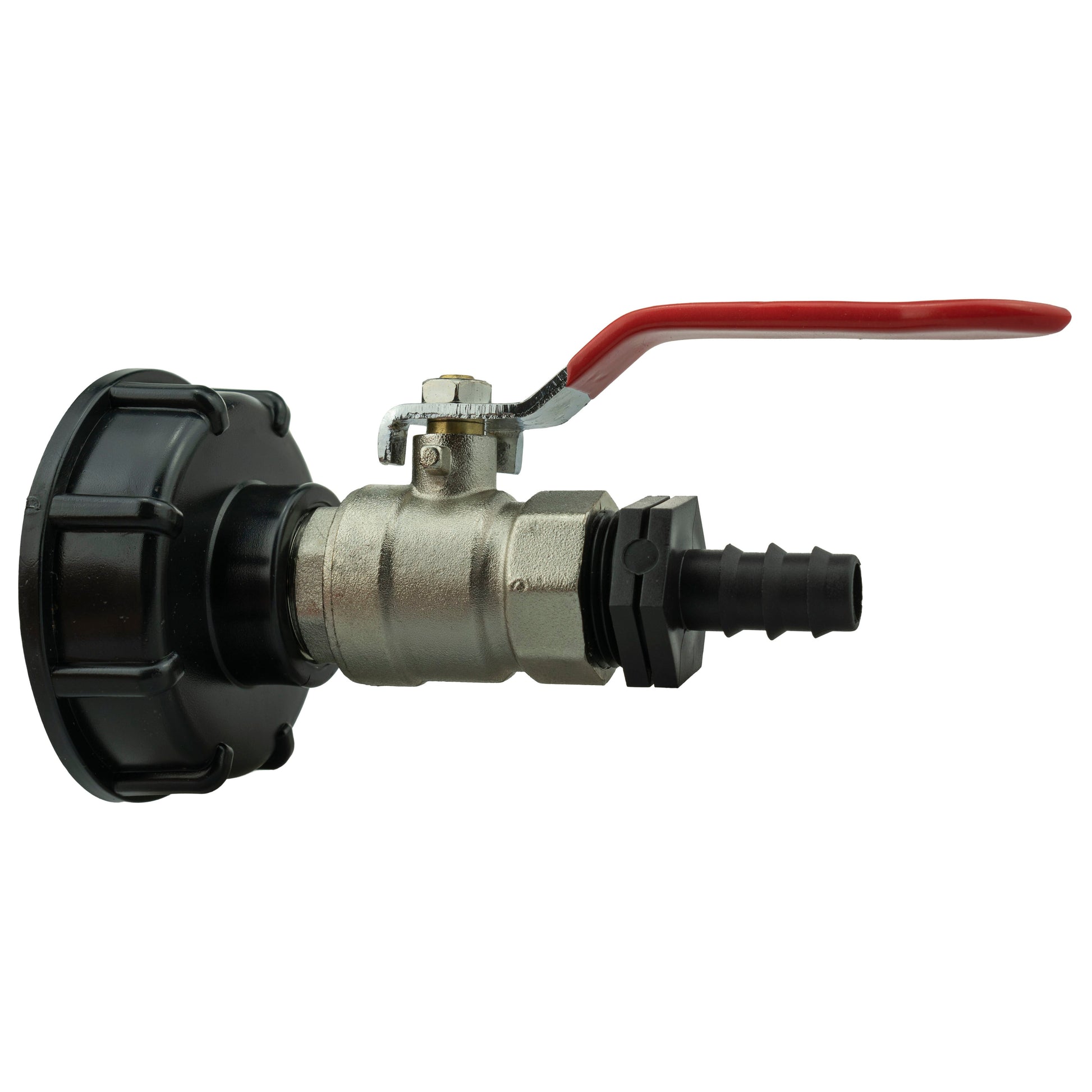 IBC 2 in S60x6 cap with lever valve and 16mm barbed straight outlet connection