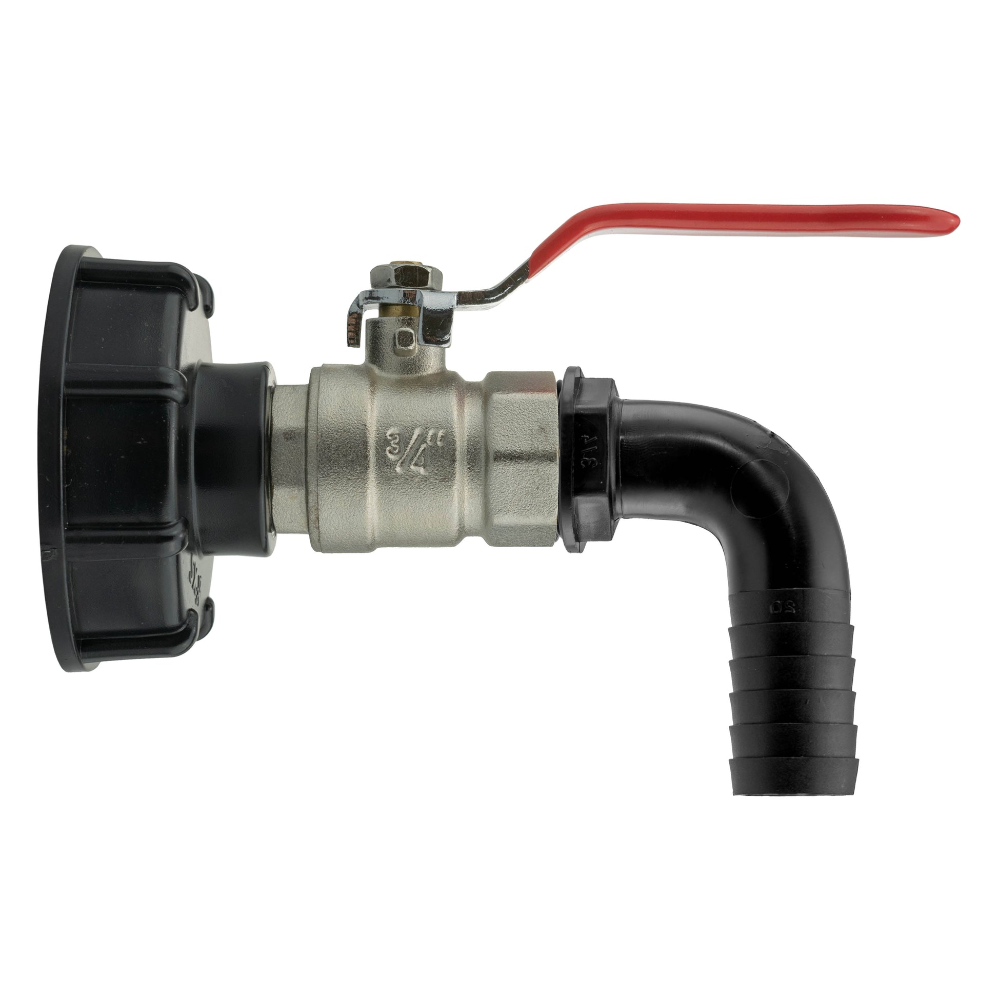 2” IBC cap, S60X6 lever valve with 20mm barbed elbow; black plastic and steel