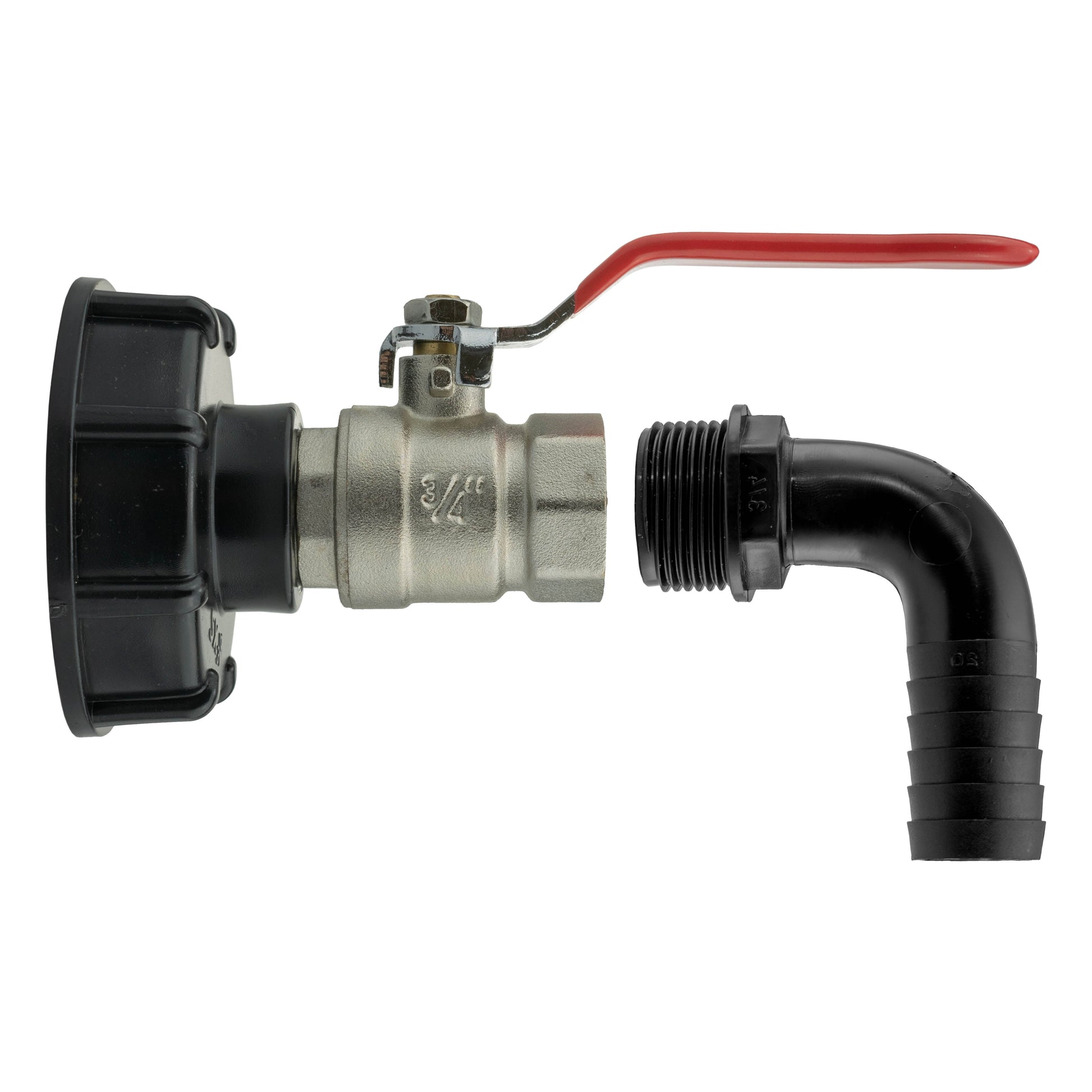 IBC lever valve with red handle, S60X6 connection and 20mm barbed outlet