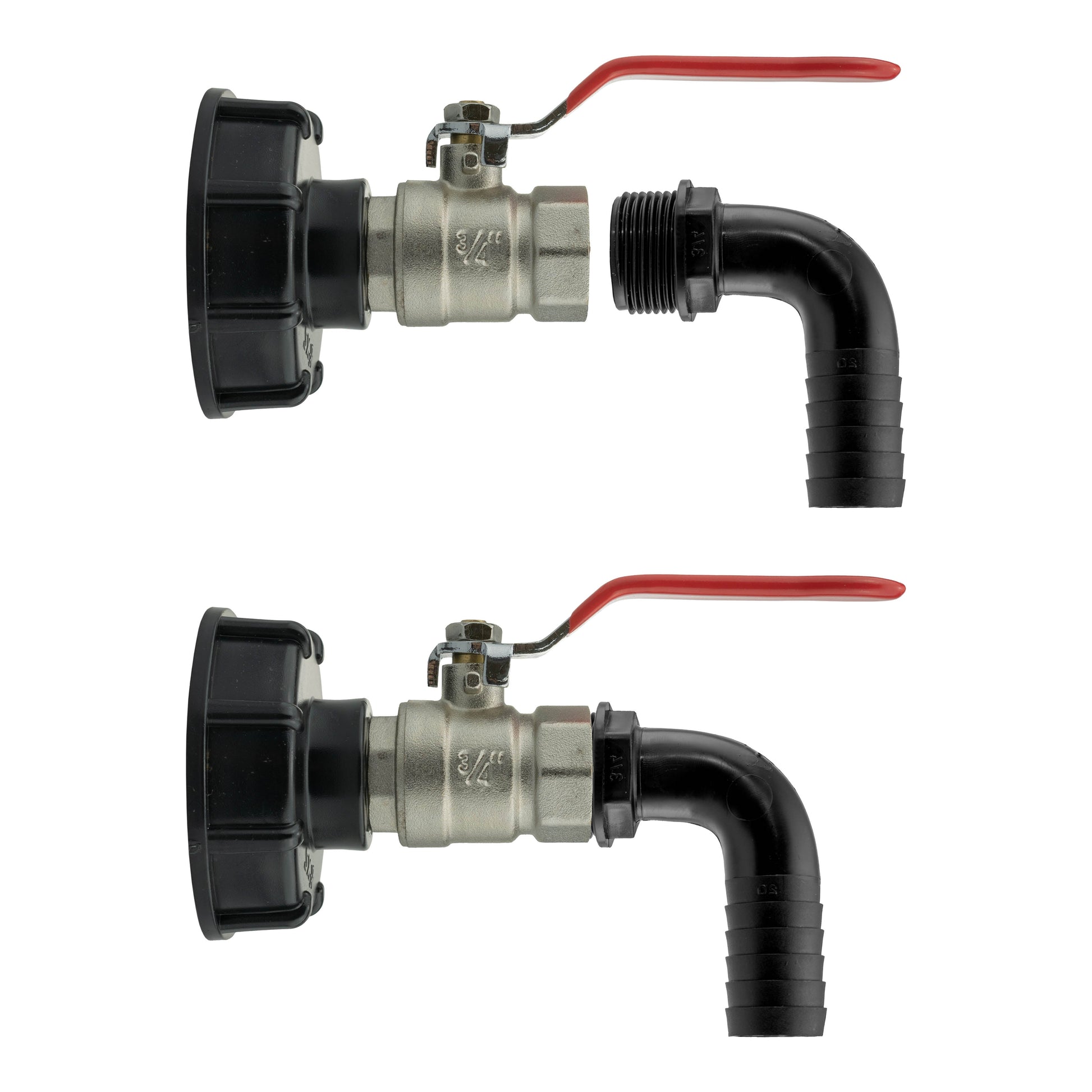 IBC lever valve, S60X6 inlet to 20mm barbed elbow; side-by-side view