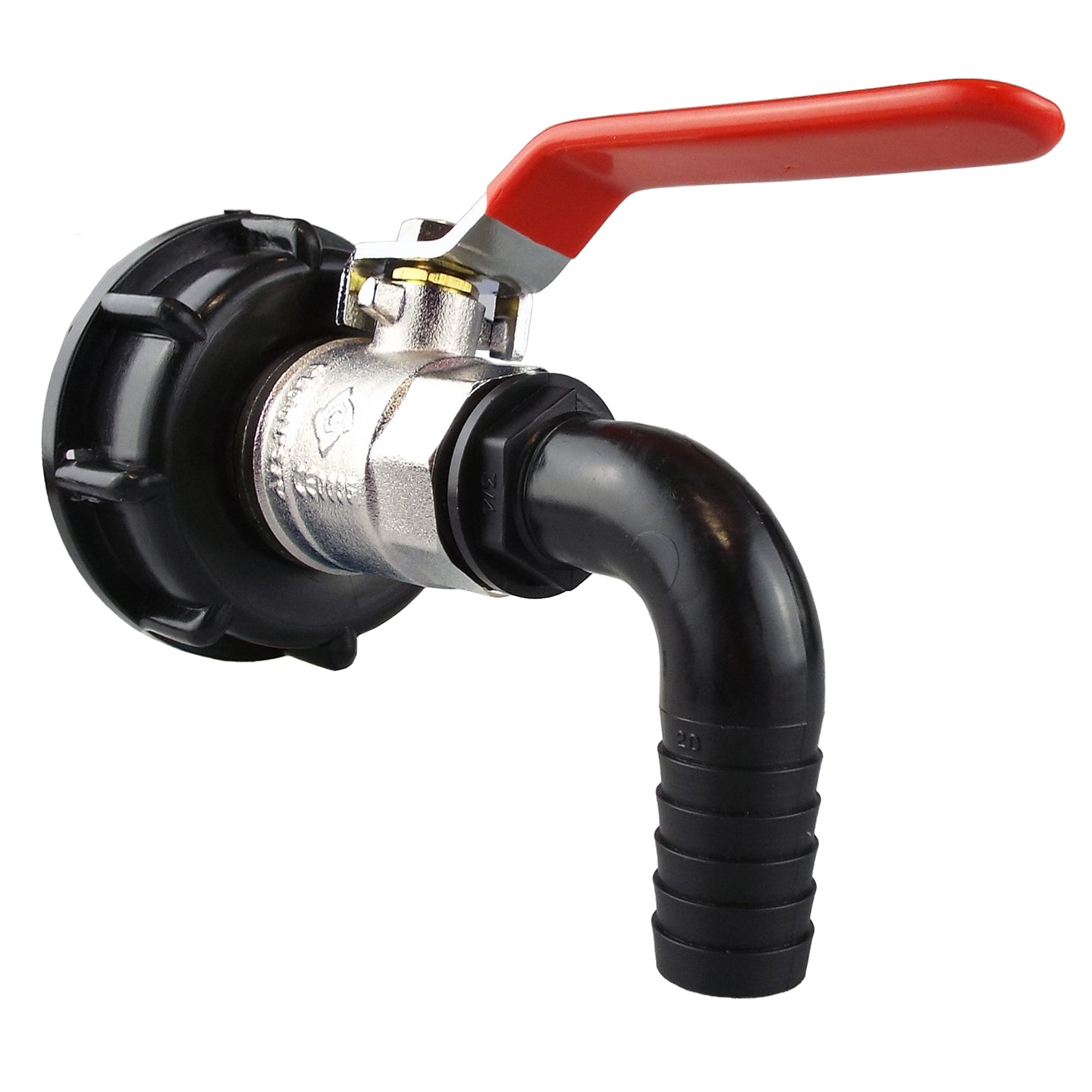 IBC lever valve spigot with black outlet and red handle; metal body