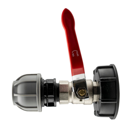 IBC 2” S60X6 cap with lever valve and 20mm straight outlet, red ON/OFF handle