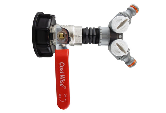 2” S60X6 IBC cap with lever shut-off valve and two-way splitter, red lever