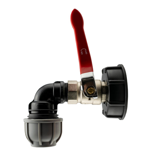 IBC 2" cap with lever valve, red handle, black 90° elbow, 32mm MDPE