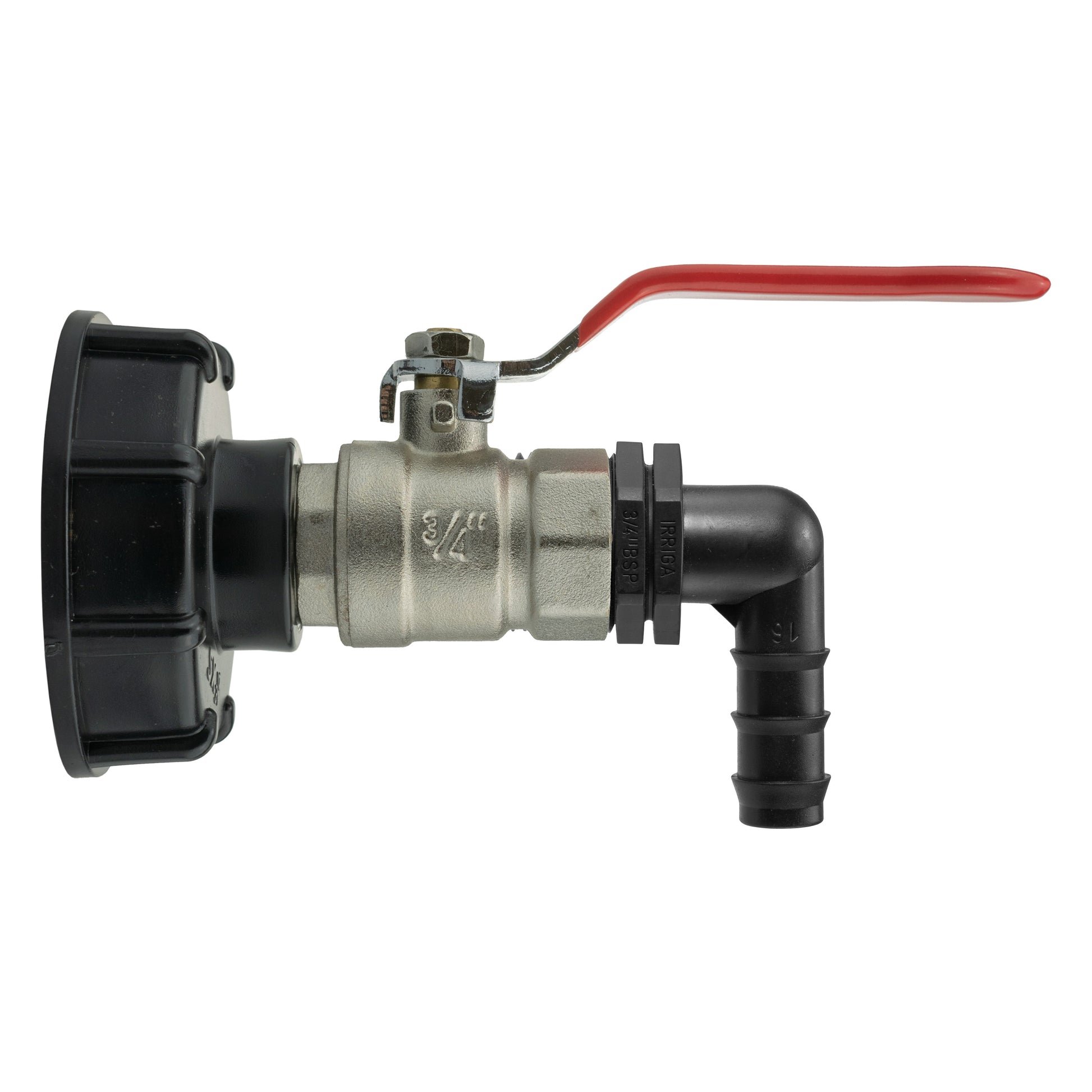 IBC 2" S60X6 cap with lever valve and 16mm barbed elbow, black outlet connector