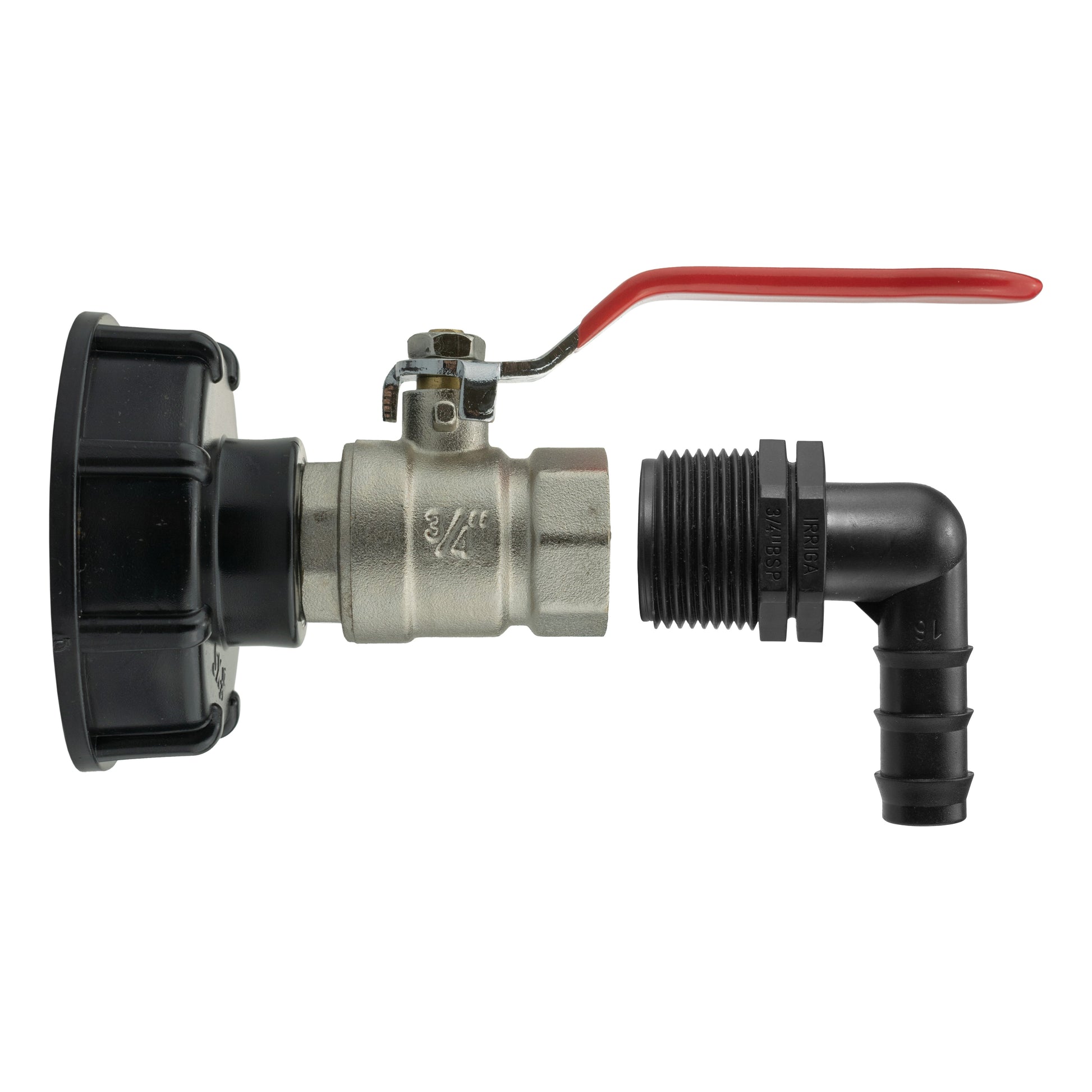 IBC lever valve with 16mm barbed elbow fitting, red handle and black pipe connector