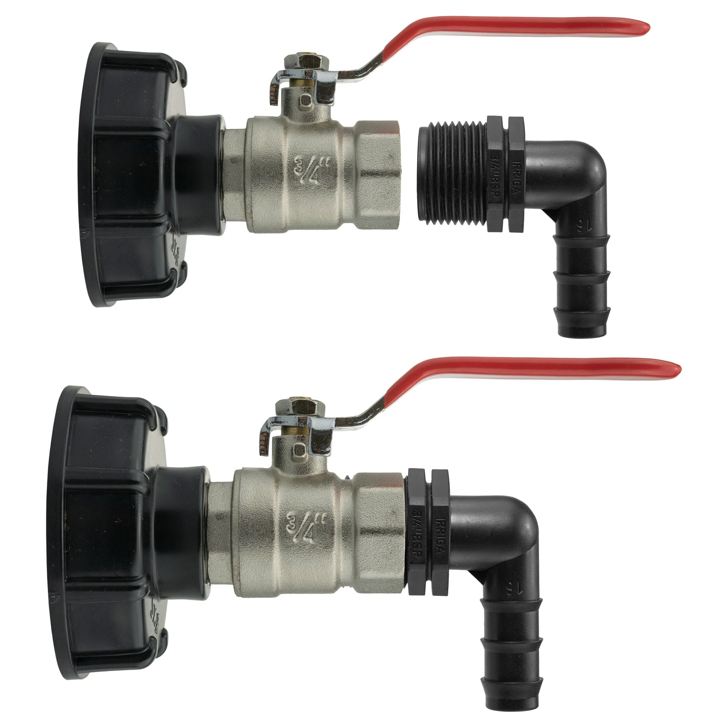 IBC S60X6 cap with lever valve and 16mm barbed elbow, close view of black elbow end