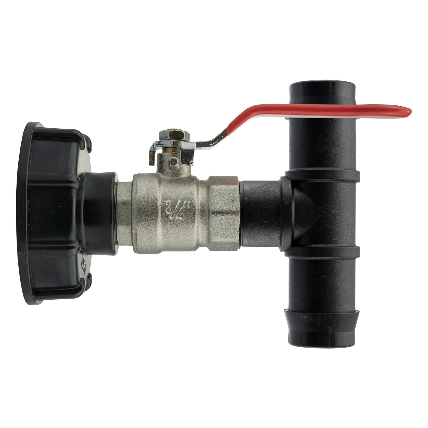 IBC 2” S60X6 cap with lever valve and 25mm barbed tee, red handle and black fittings